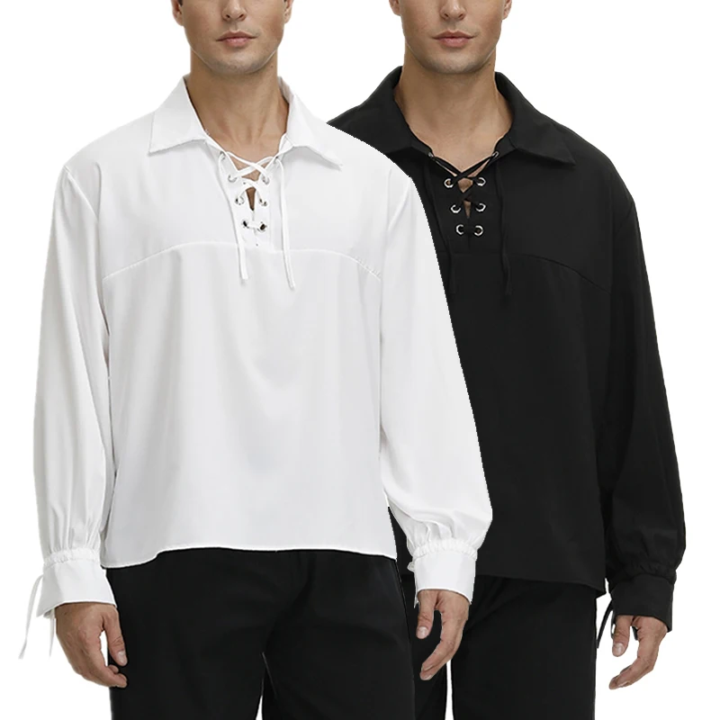 

Men's Medieval Renaissance Pure Color Button-Up Collar Shirt Halloween Play Stage Performance Top Youth Autumn Fashion Dance