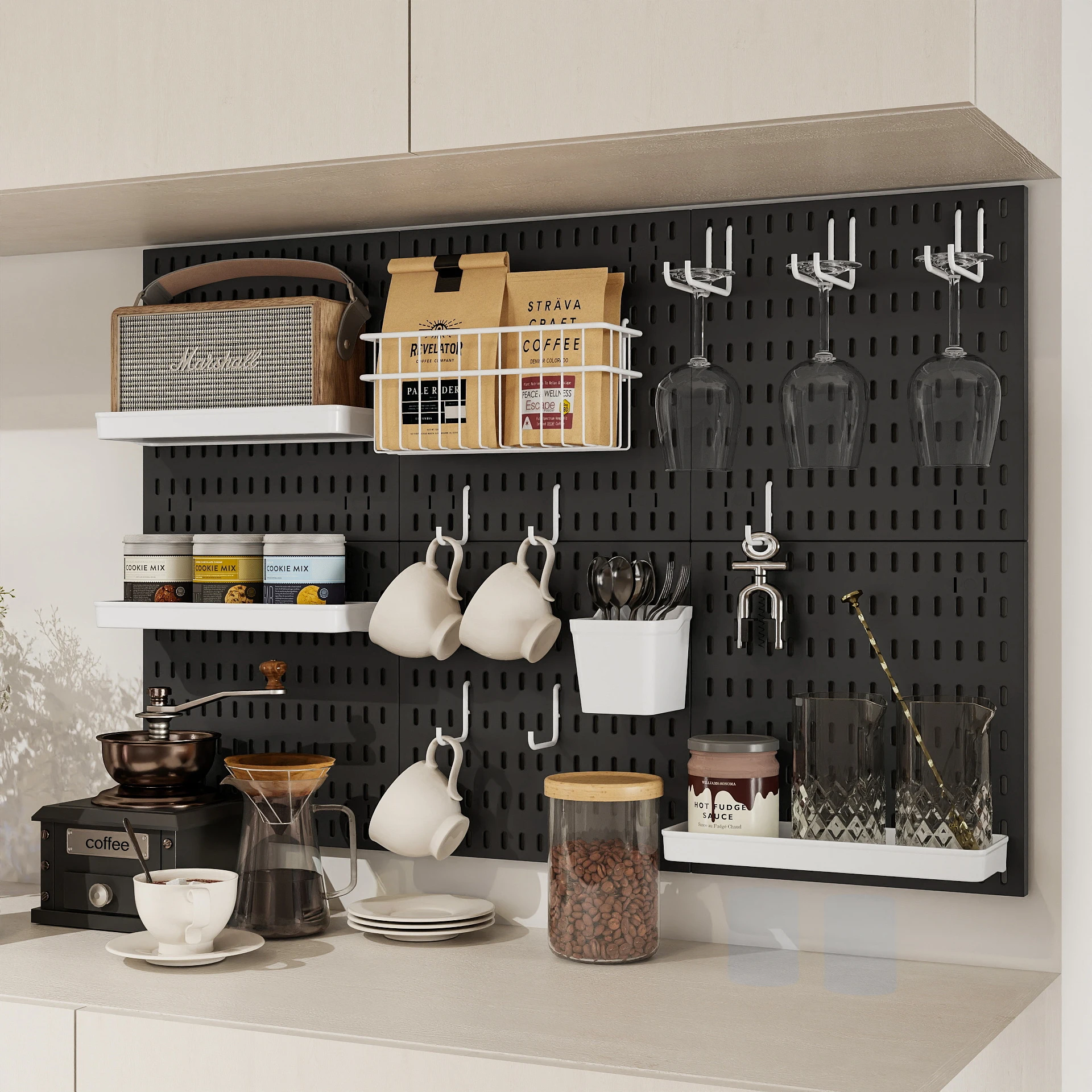 No Drill Pegboard Wall Rack Coffee Station Organizer For Coffee Cups Beans Tools Paper Towel Storage Hooks Shelf