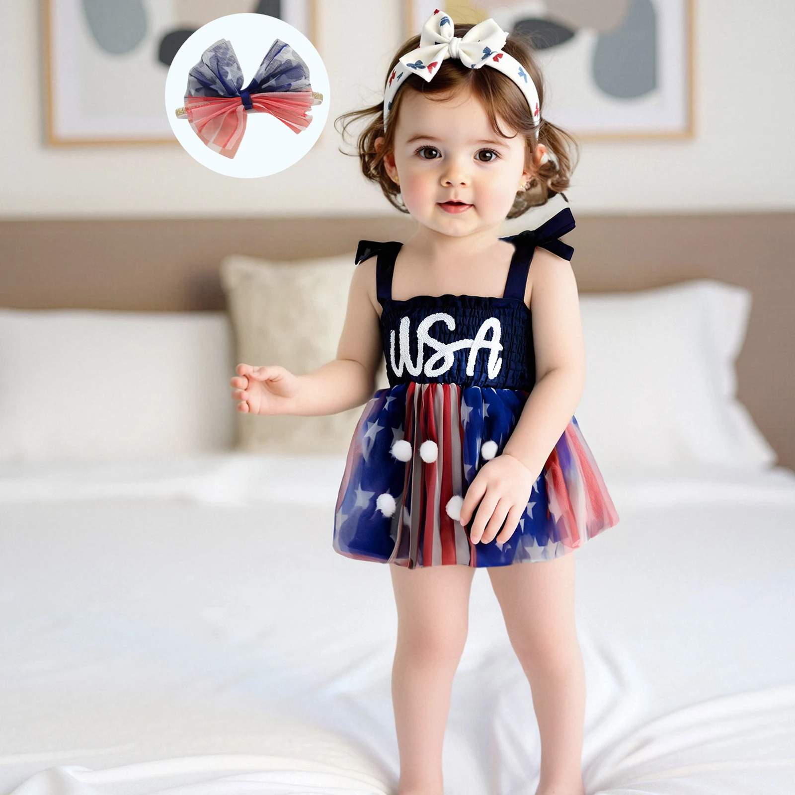

Baby Girls Independence Day Outfits Cute Star Stripe Tulle Tutu Romper Dress with Headband for Newborn Clothes