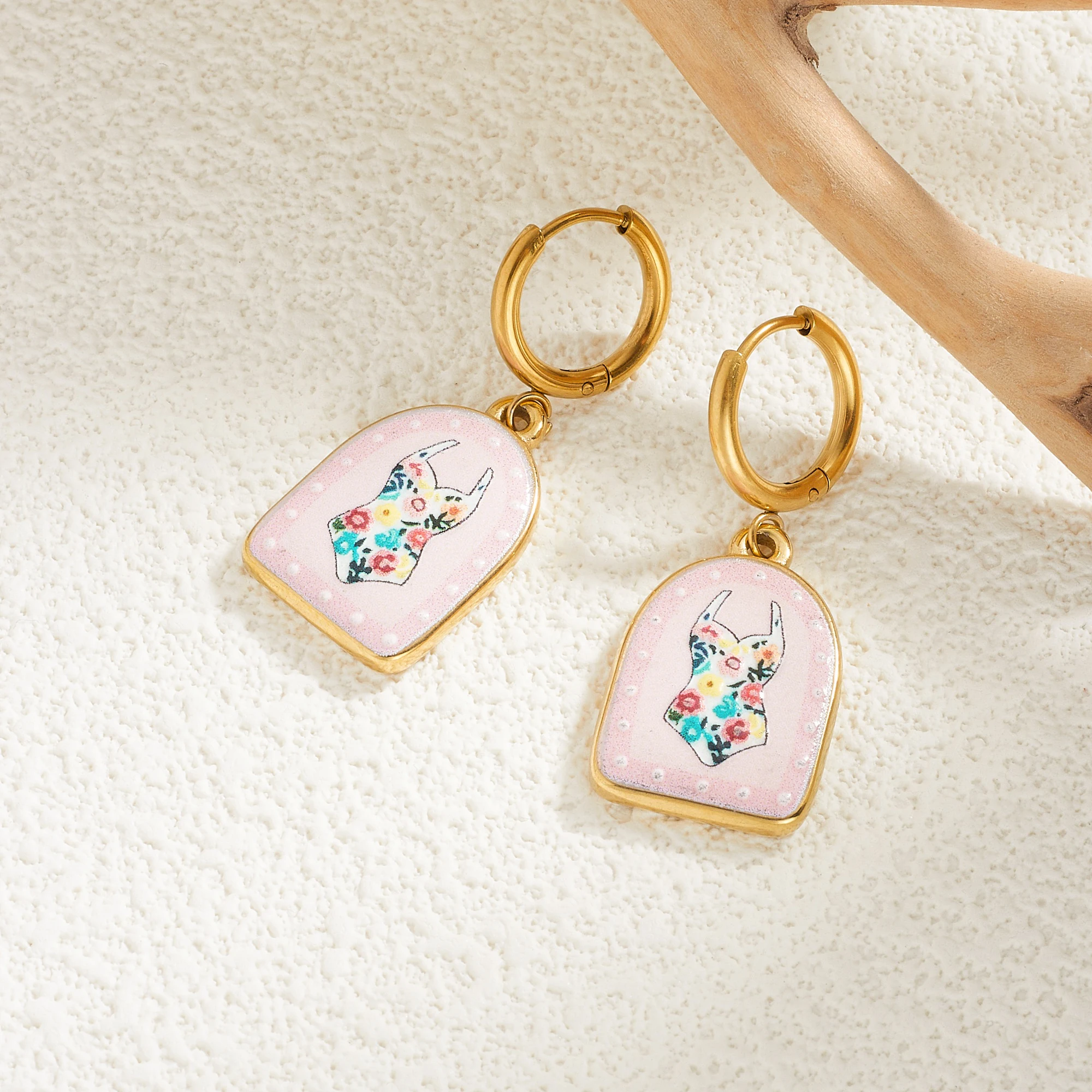 DIEYURO 316L Stainless Steel Arched Pink Polka Dot Floral Swimsuit Print Enamel Earrings Lady Non-fading Vacation Jewelry Gift