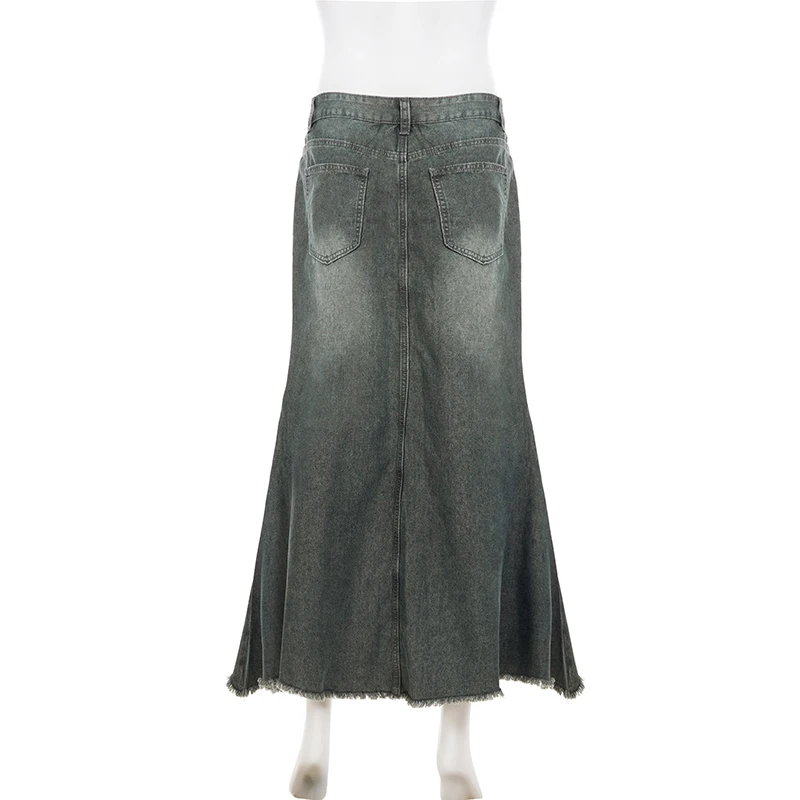 SUCHCUTE Y2k Patchwork Denim Langer Rock für Damen, Retro Slim Fit, zerrissener Mid-Waist-Meerjungfrauenrock, modischer unregelmäßiger Rock mit Quasten – Detail 5