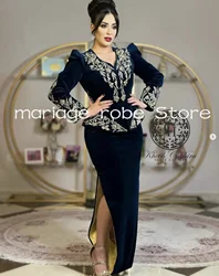 Navy Blue Velvet Dubai Caftan Morocca Evening Occasion Dresses Long Sleeve Applique Karakou Algérois customsized Outfit 2025