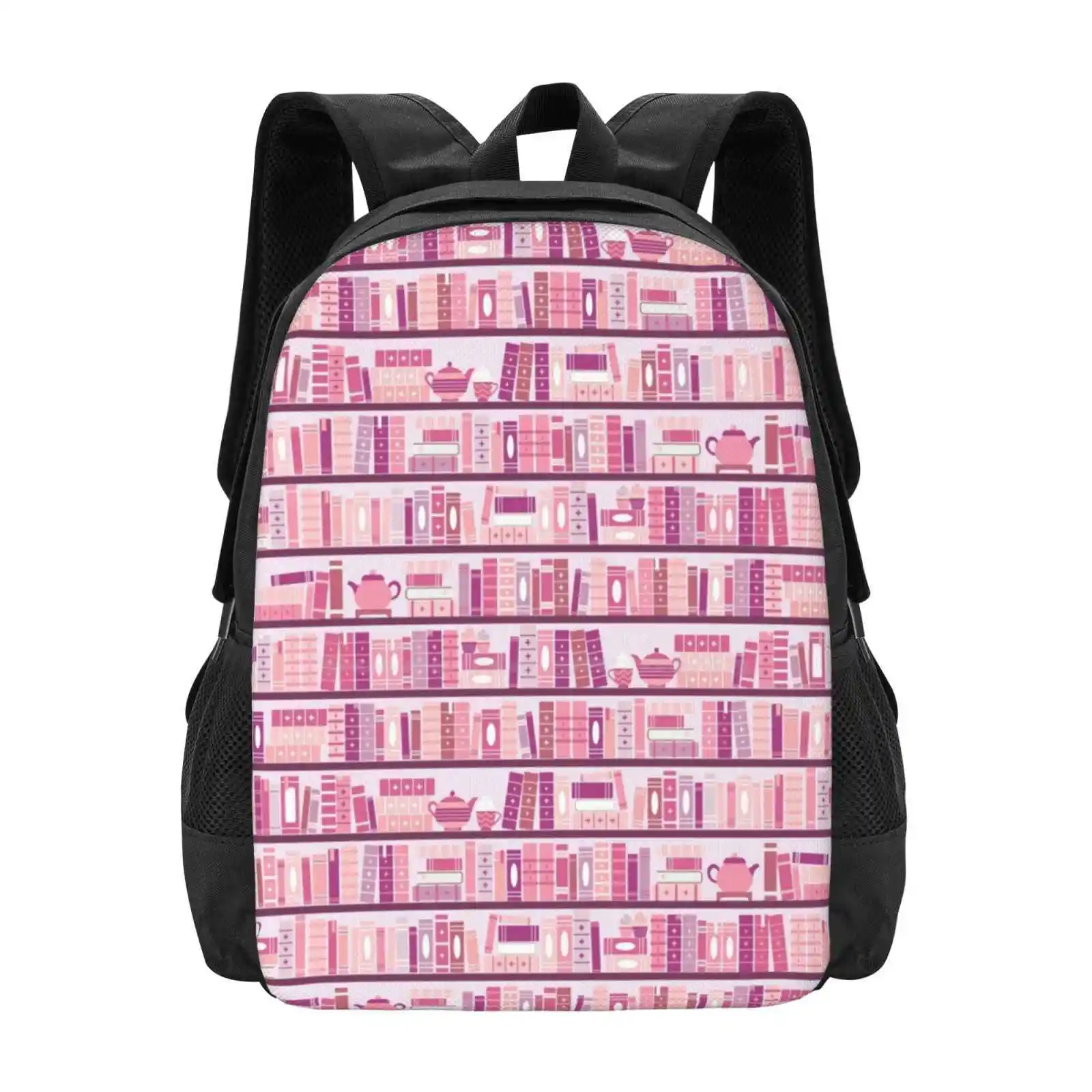 Pink Bookcase Pattern Romance Tea Books Fashion Pattern Design Travel Laptop School Backpack Bag Bookish Bookcase Book Pattern