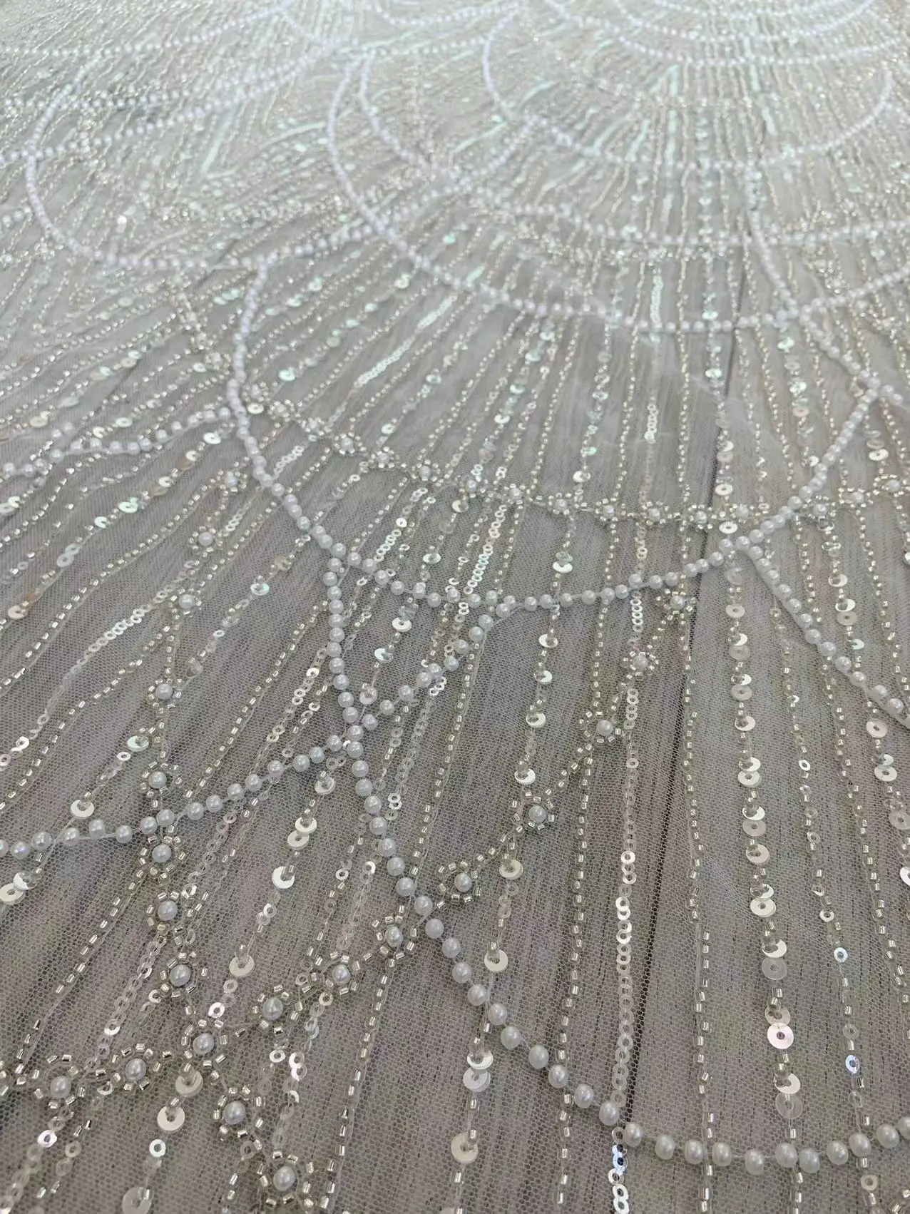 1 Yard Off White Pearl and Sequins Tulle Lace Fabric with Seed Beads for Nigerian Wedding Dress,Gentle Costume,Ball Gown