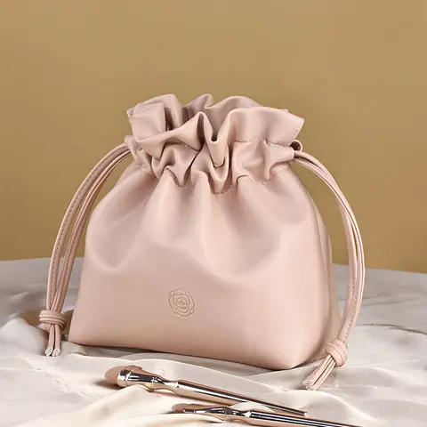 여성용 휴대용 여행용 워시 백, PU 가죽 방수 메이크업 보관 파우치, 드로스트링 화장품 정리함 뷰티 케이스