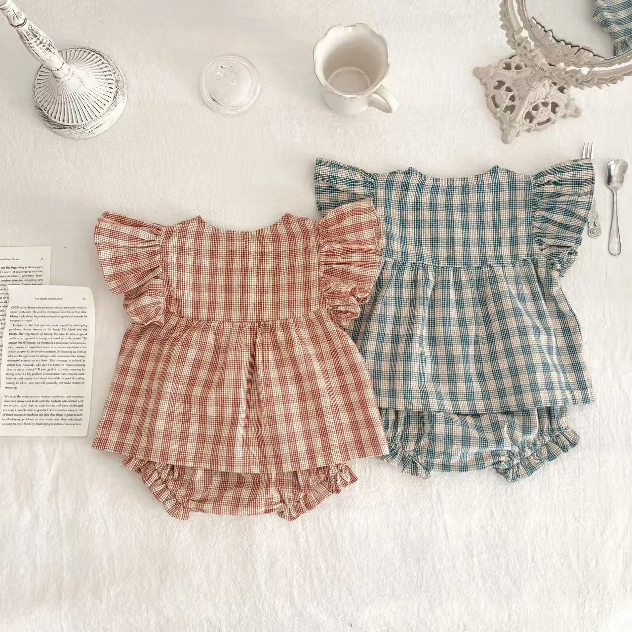 Baby Summer Outfit - Flared Sleeve Checked Dress Pants Set for Girls. Girls' Stylish Top with Attached Diaper Pants Set