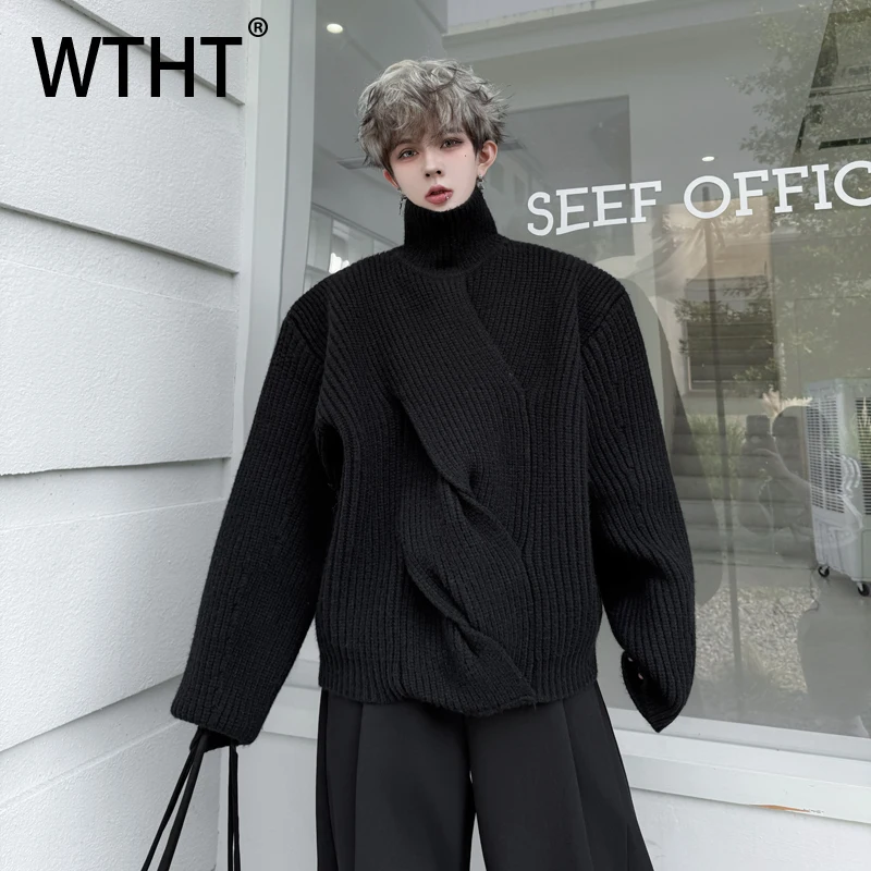 

WTHT Fashion Men's Patchwork Irregular Texture Design Sweater Trendy 2025 Autumn Stand Collar Solid Color T-shirts Male 2A2081