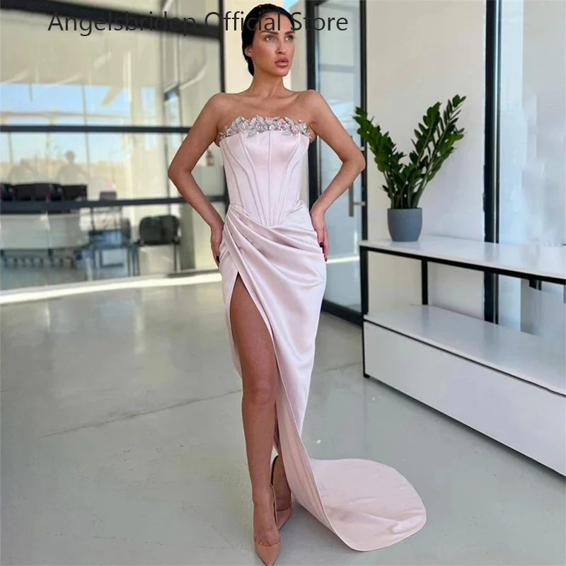 

Angelsbridep Pink Mermaid Evening Dresses Beaded Off Shoulder Pleated High Side Slit Prom Dress Saudi Arabia Bride Party Gowns