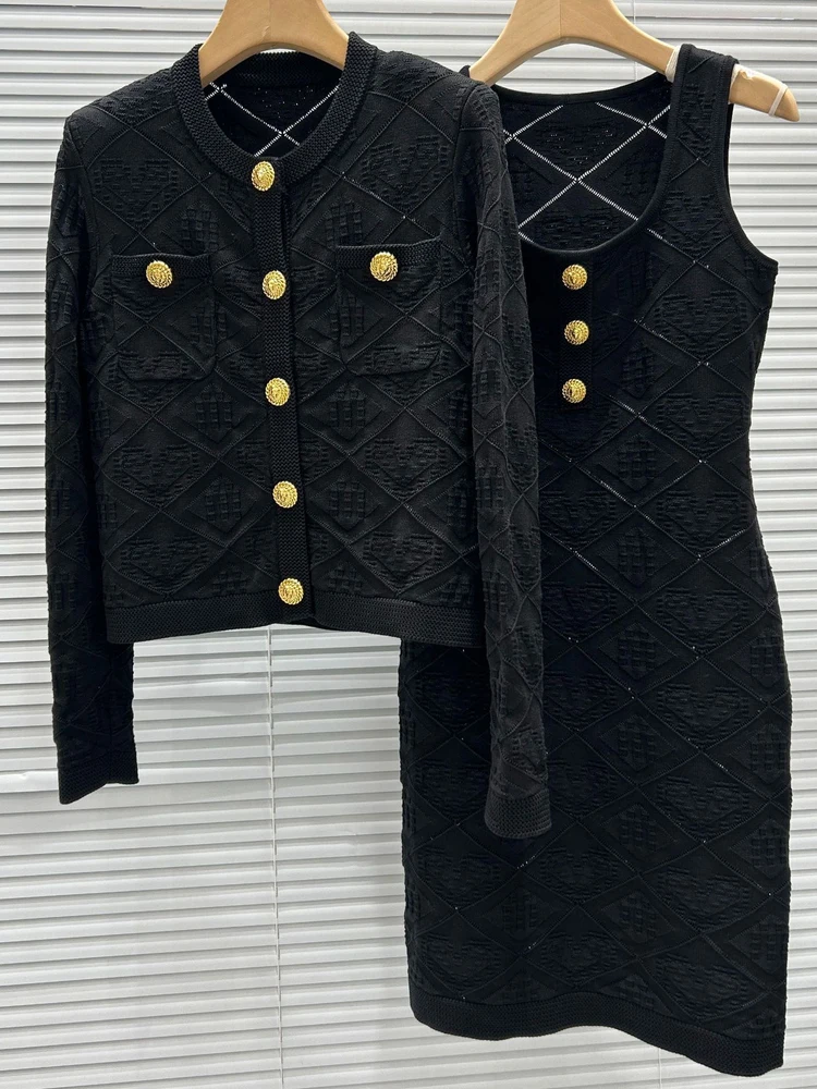 Elegant Long Sleeve round Neck Open Cardigan Vest Dress Set High-End Version Single Row Gold Buckle Textured Fashion Parisian...