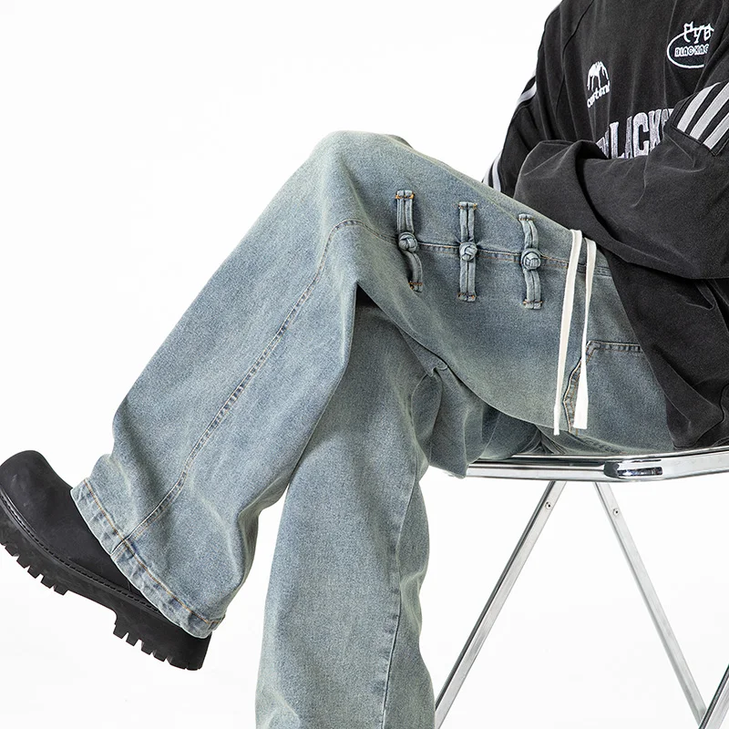 2025 New Washed Distressed Jeans Men Japanese Retro Side Coil Button Design Trousers Loose Casual Denim Pants