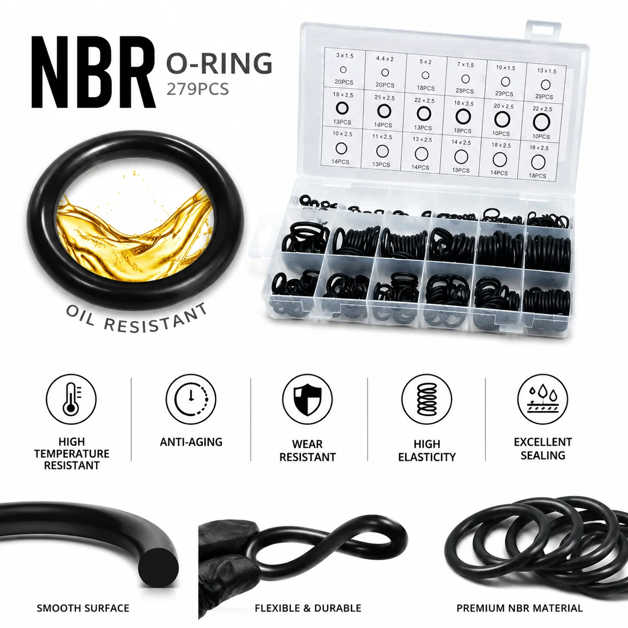 279 Pieces of NBR Sealing Kit Rubber Ring CS 1.5-3.5mm Outer Diameter 3-22mm Automotive Repair Plumbing Leak Proof Sealing Box