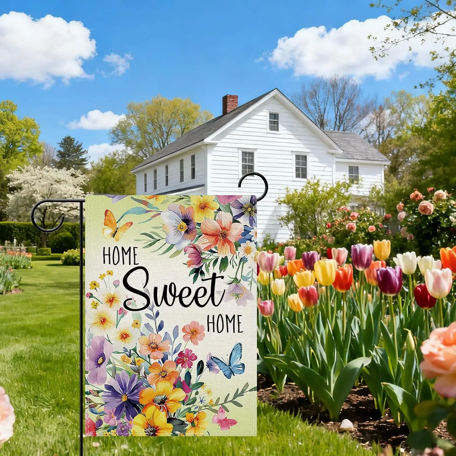 Dyrenson Spring Summer Floral Decorative Garden Flag, Home Sweet Home Flower Butterfly Yard Outside Home Decoration, Wildflo IIC