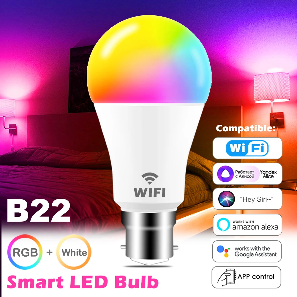 LED WIFI Smart Light Bulb B22 Lamp Alexa Google Home Yandex Station Alice Siri Voice Control Dimmable Magic RGB AC220V 110V