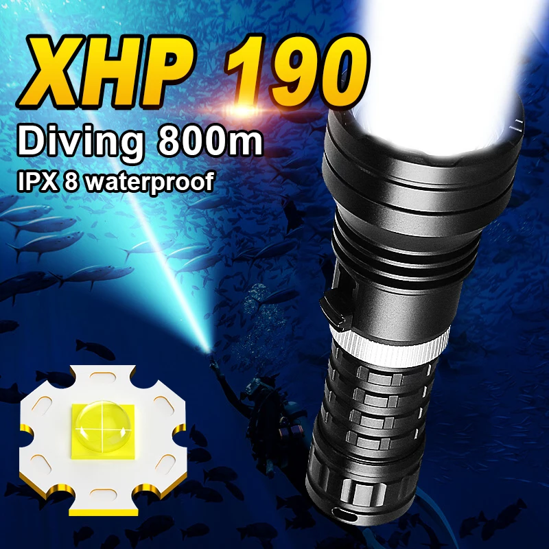XHP190 LED Profession Diving Flashlight Underwater Lantern High Power Rechargeable Diving Torch IPX8 Waterproof 800m Flashlight