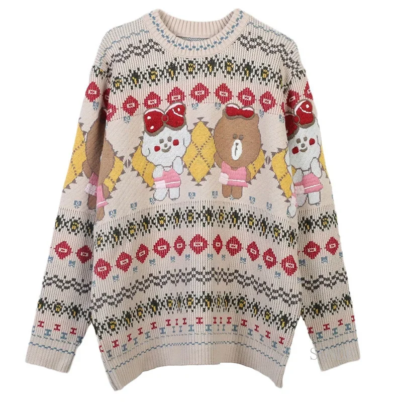 Sweet and Cute Sweater with Little Bear Cartoon Jacquard Women Round Neck Loose Pullover 2023 Autumn Winter Jersey Knitted Tops