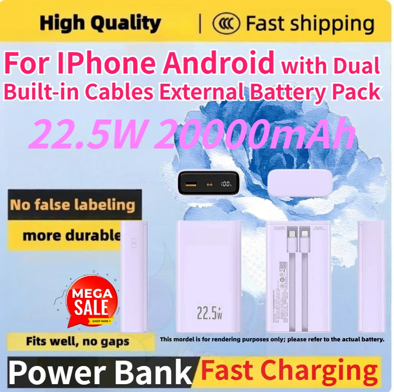 

20000mAh Mini Power Bank 22.5W Fast Charging Portable Charger with Dual Built-in Cables External Battery Pack for IPhone Android