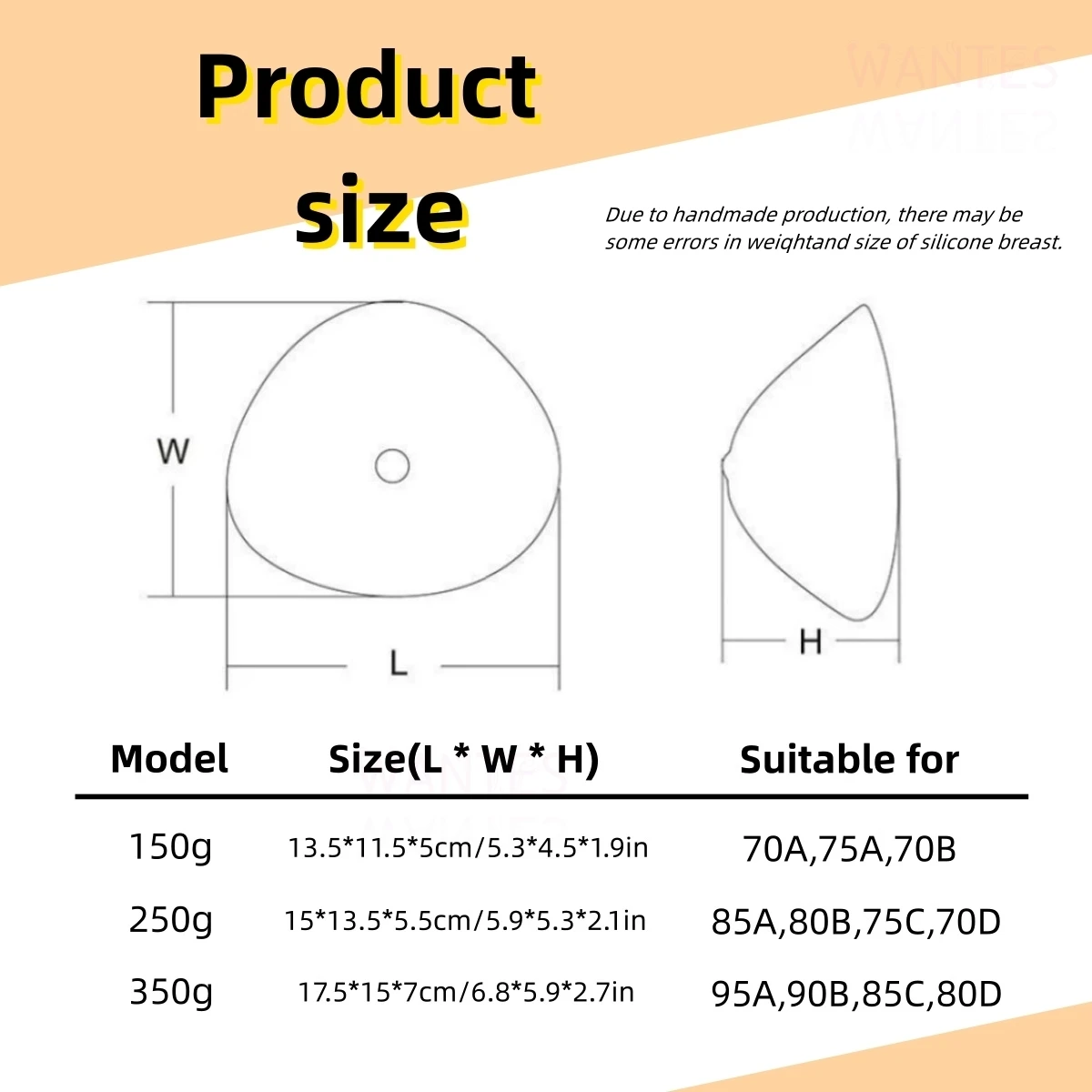 Single PC Silicone Breast Form,Skin Tone/Transparent,Pearl Particles,Concave Base Triangle, Crossdressing,For After Mastectomy