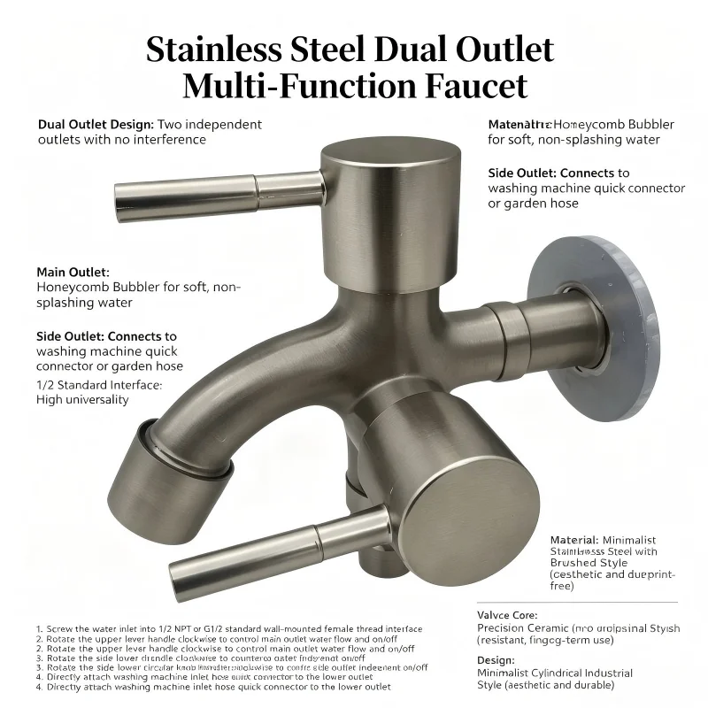 Dual Spout Water Tap Multi‑Purpose Double Outlet Faucet for Laundry Sink and Washing Machine Connection