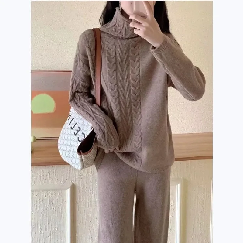 

High-end Sweater Knitted Suit Women Wide-leg Straight Pants+turtleneck Top 2024Autumn Winter New Ladies Temperament 2 Piece Set