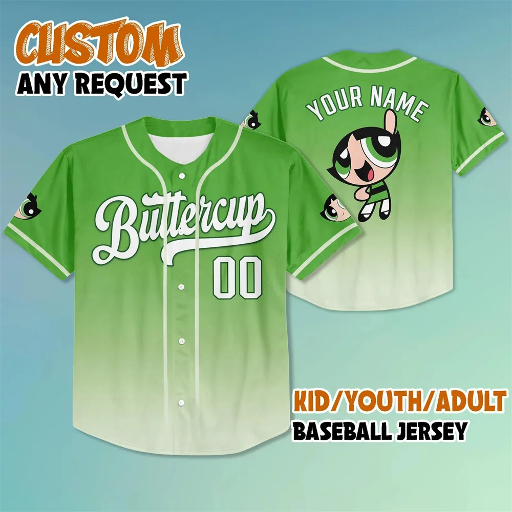 Brand New Custom Powerpuff Girls Flower Bubble Baseball Jersey Street Fashion Men's and Women's Short Sleeve Baseball Shirt