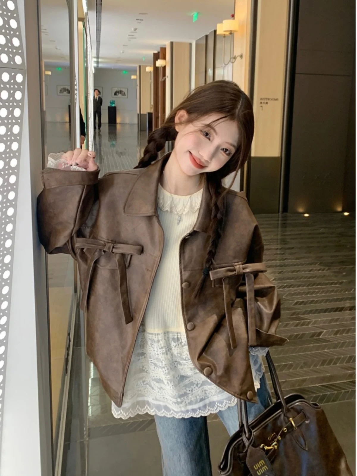 Amerikaanse retro reversknoop lange Sve lederen Jaet dames lente herfst losse Faion motorfiets Jaet