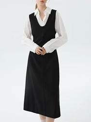 FSLE Black V-neck Tank Vest Long Dress For Women Winter 2024 New Design Layered Dress Office Lady Chic Wear Female 24FS14407
