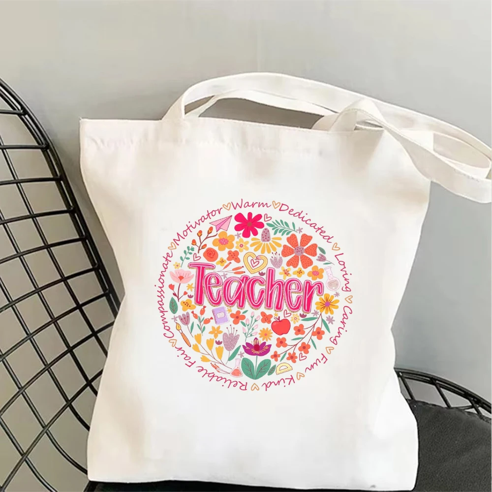 Sac fourre-tout en toile pour enseignante, motif floral rétro mignon, cadeau d'appréciation pour femmes, sac à bandoulière réutilisable pour le shopping