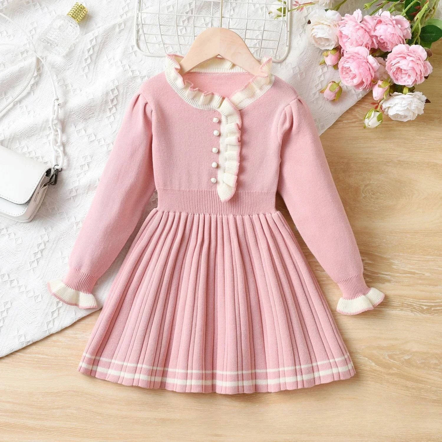 2026 Autumn Winter Girls Knitted Dress Ruffle Lace Princess Dress Crew Neck Preppy Style Cute Kids Sweater Dress