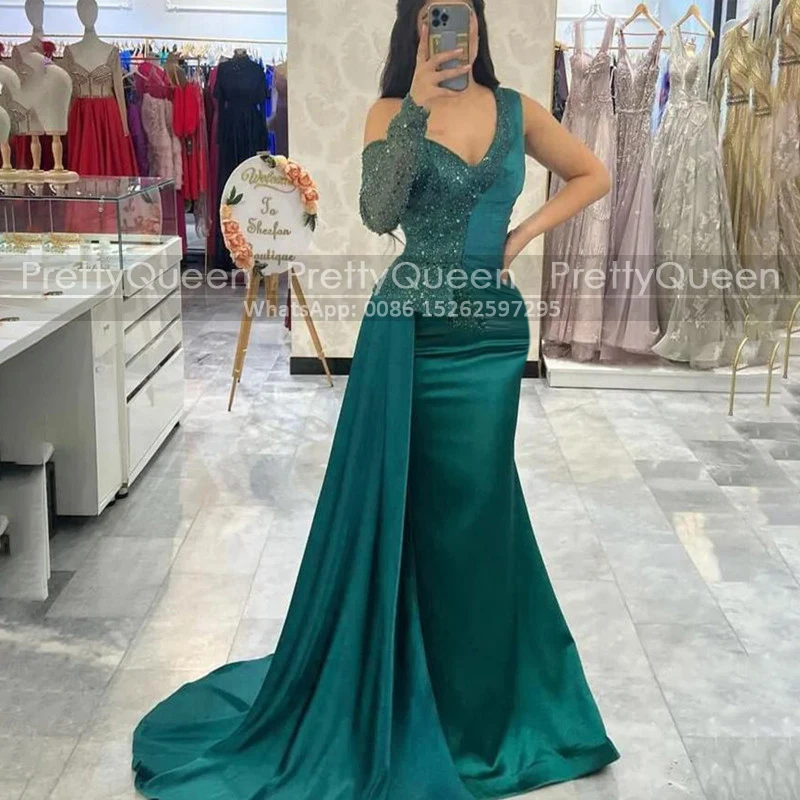 ที่กําหนดเอง Beaded Sequins ชุดราตรีเดี่ยวแขนยาว Mermaid หนึ่งไหล่สีเขียวมรกต Sheath ชุดเดรสปาร์ตี้อย่างเป็นทางการ