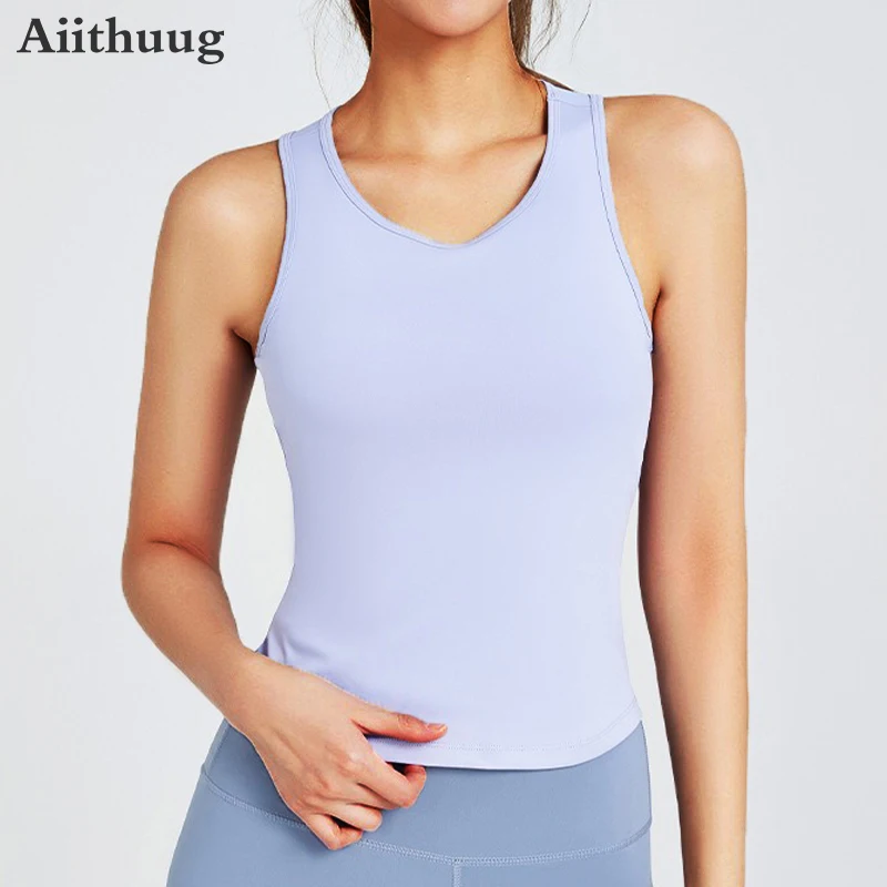 

Aiithuug U Neck Racerback Yoga Tops With Built-in Cup Women's High Elastic Tight Fit Workout Tank Top Running Athletic Yoga Vest