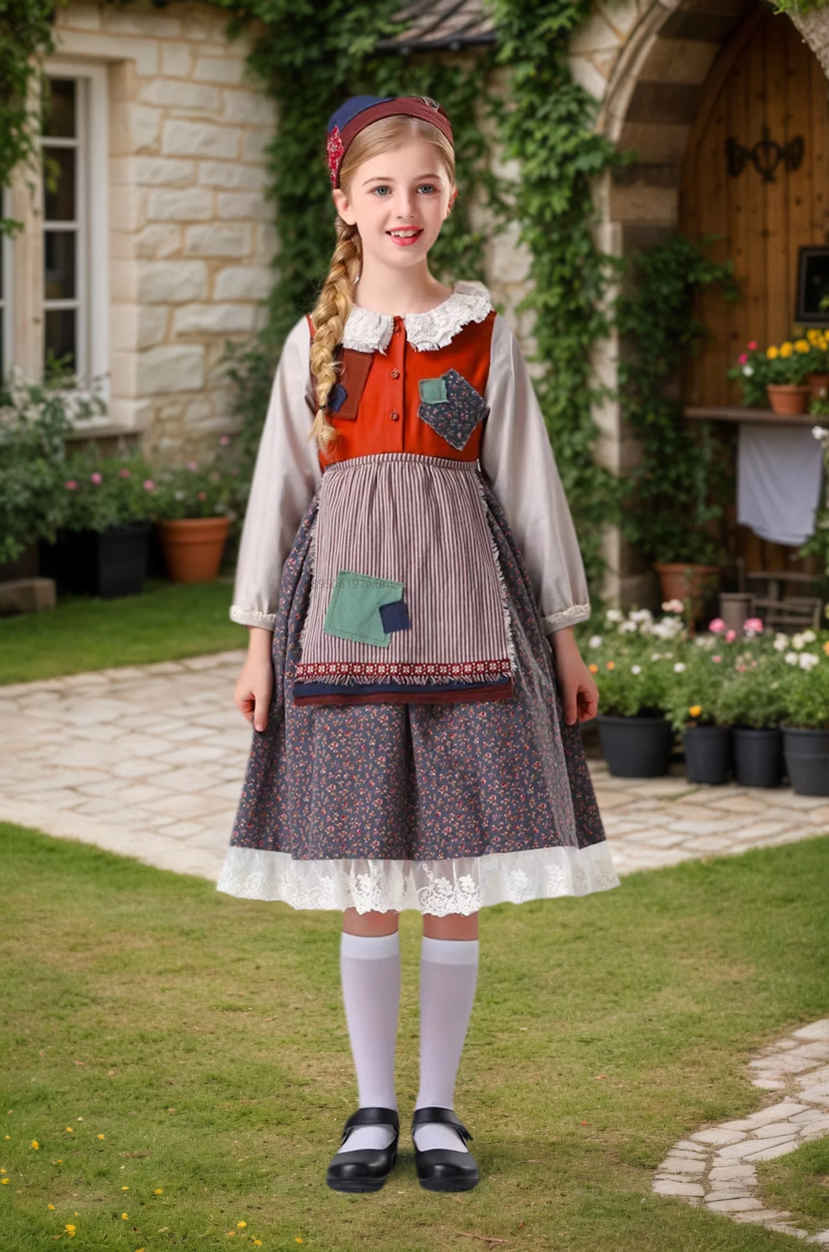 

Little Girls Countryside Skirt Vintage Farm Maid Costume Medieval Colonial Peasant Stage Performance Outfit