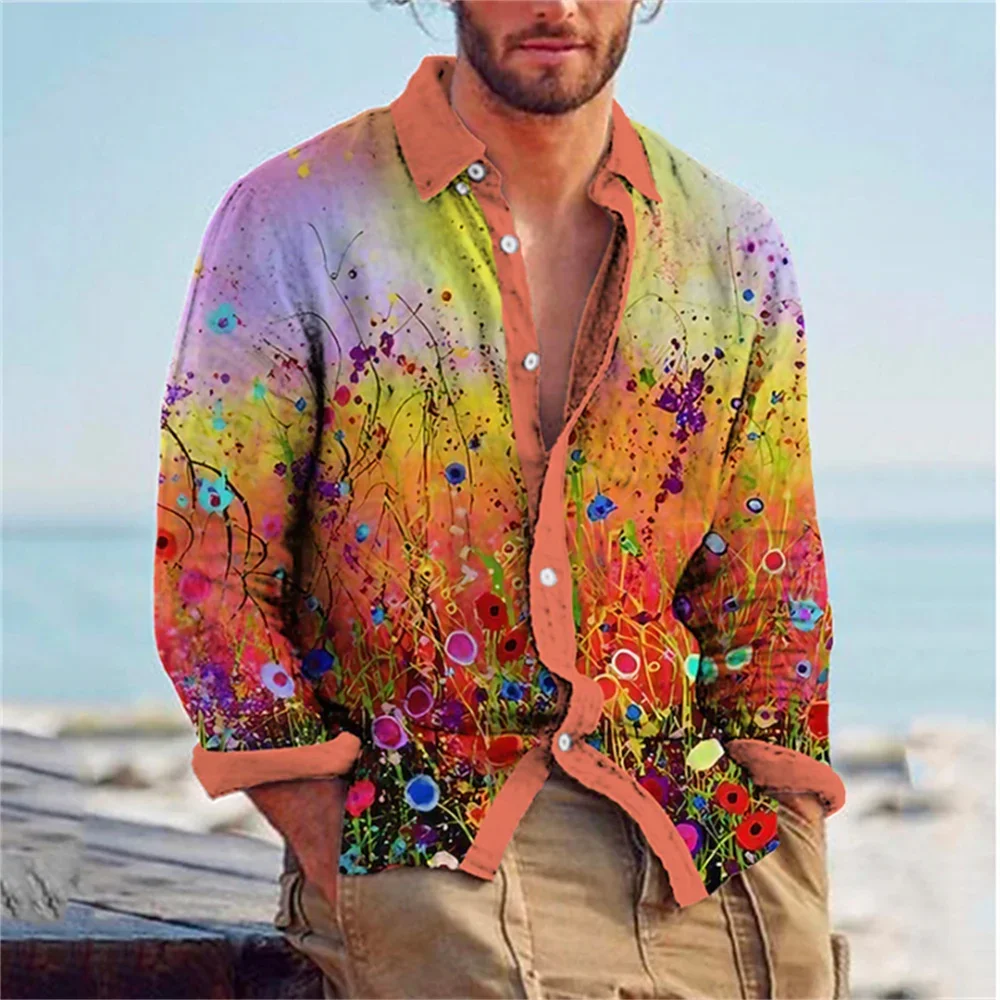 Men\'s Shirt Lapel Long Sleeve Spring/Summer New Creative Flower 3D Printing Pattern Casual Comfort Casual Men\'s Top 2023