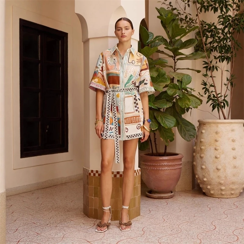 

Women Graffiti Print Single Breasted Long Sleeve 100% Ramie Long Dress