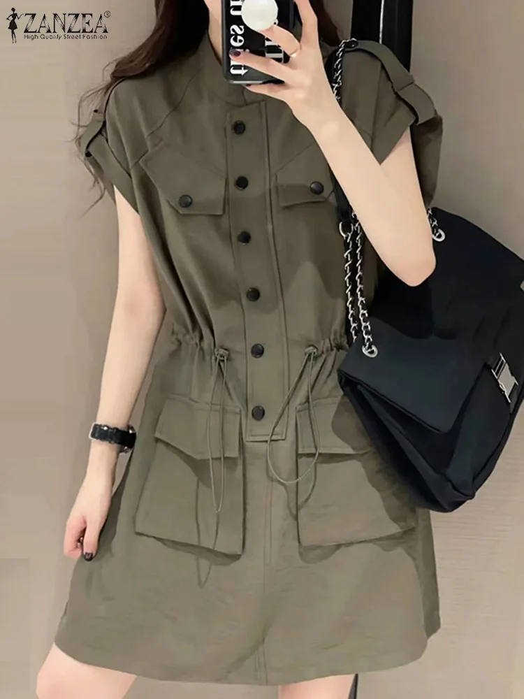 ZANZEA Short Sleeve Women Cargo Vestidos Work Wear Korean Fashion Drawstring Waist Casual Short Sundress Button Up Mini Dress