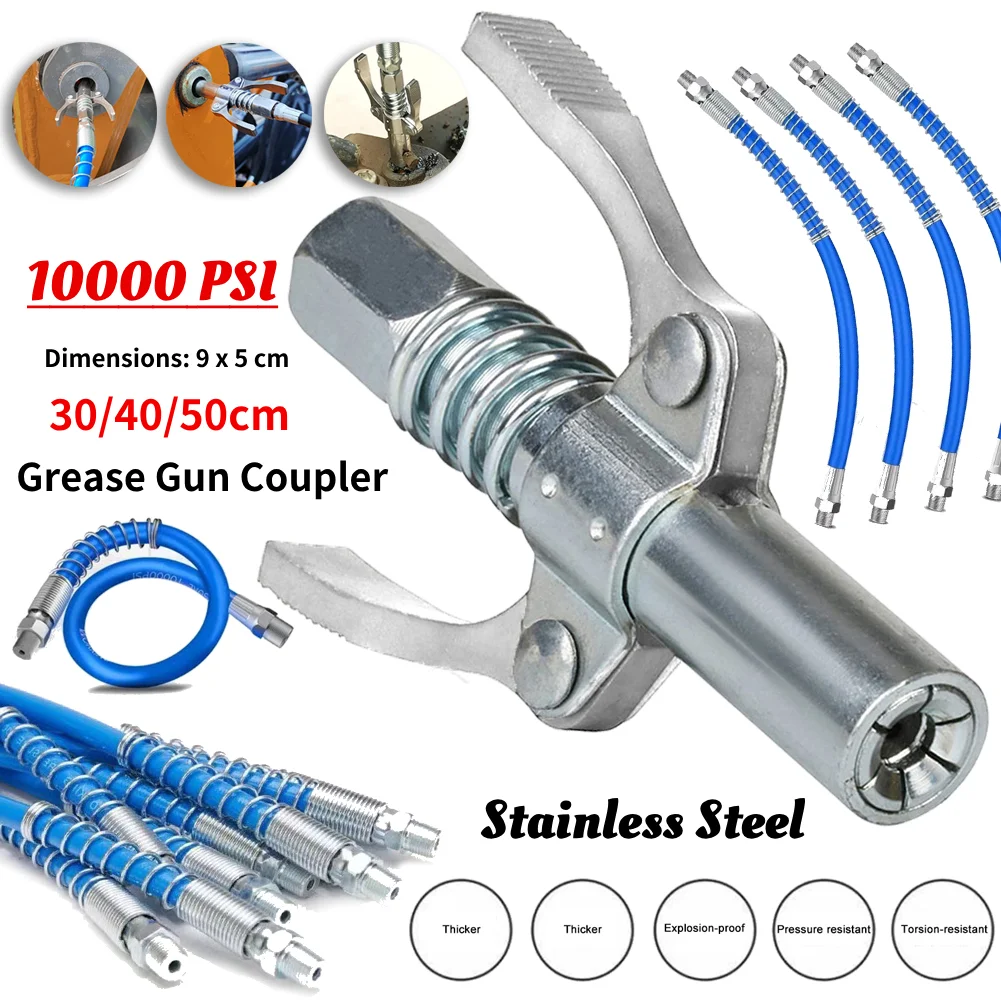 10000PSI Grease Gun Coupler Car Syringe Lubricant Tip 30/40/50cm Grease Nozzle for Repair NPTI/8 Oil Pump Quick Release Grease