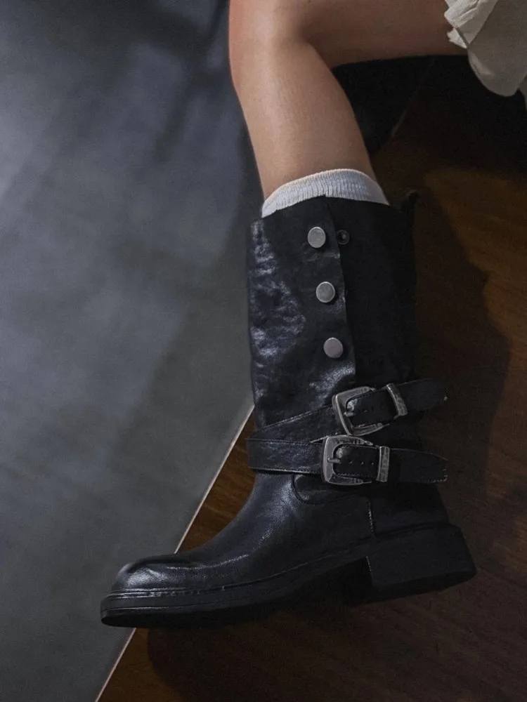 Autumn Winter Fashion Women Comfortable Cowhide Genuine Leather Buckle Round Toe Mid Length Knight Boots Ladies Handmade Shoes