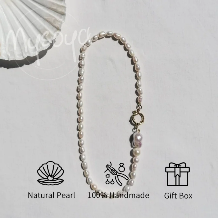 

MYSOYA White Rice Freshwater Pearl Baroque Pearl Necklace 5-6mm & 11-13mm with Gift Box, for Him/ Her, for Birthday/ Wedding