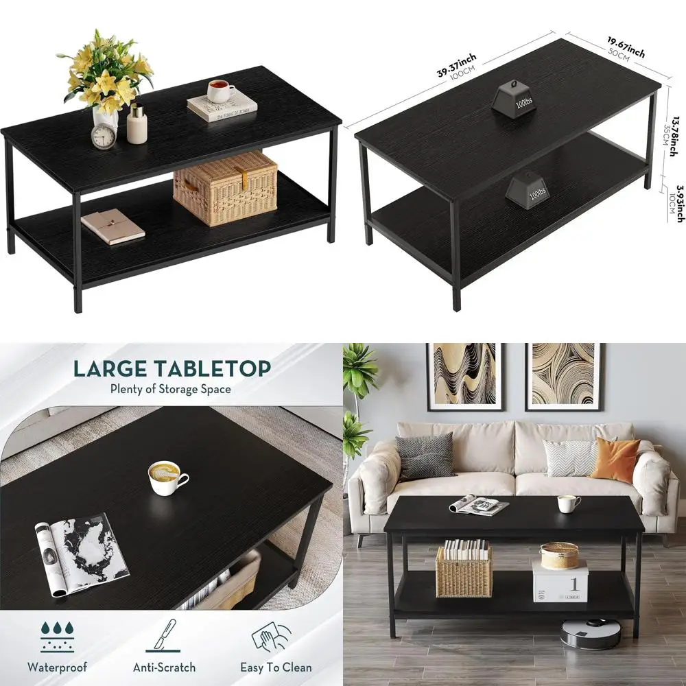 

Журнальный столик в индустриальном стиле с 2 ярусами и местом для хранения для гостиной, подходит для больших и малых помещений