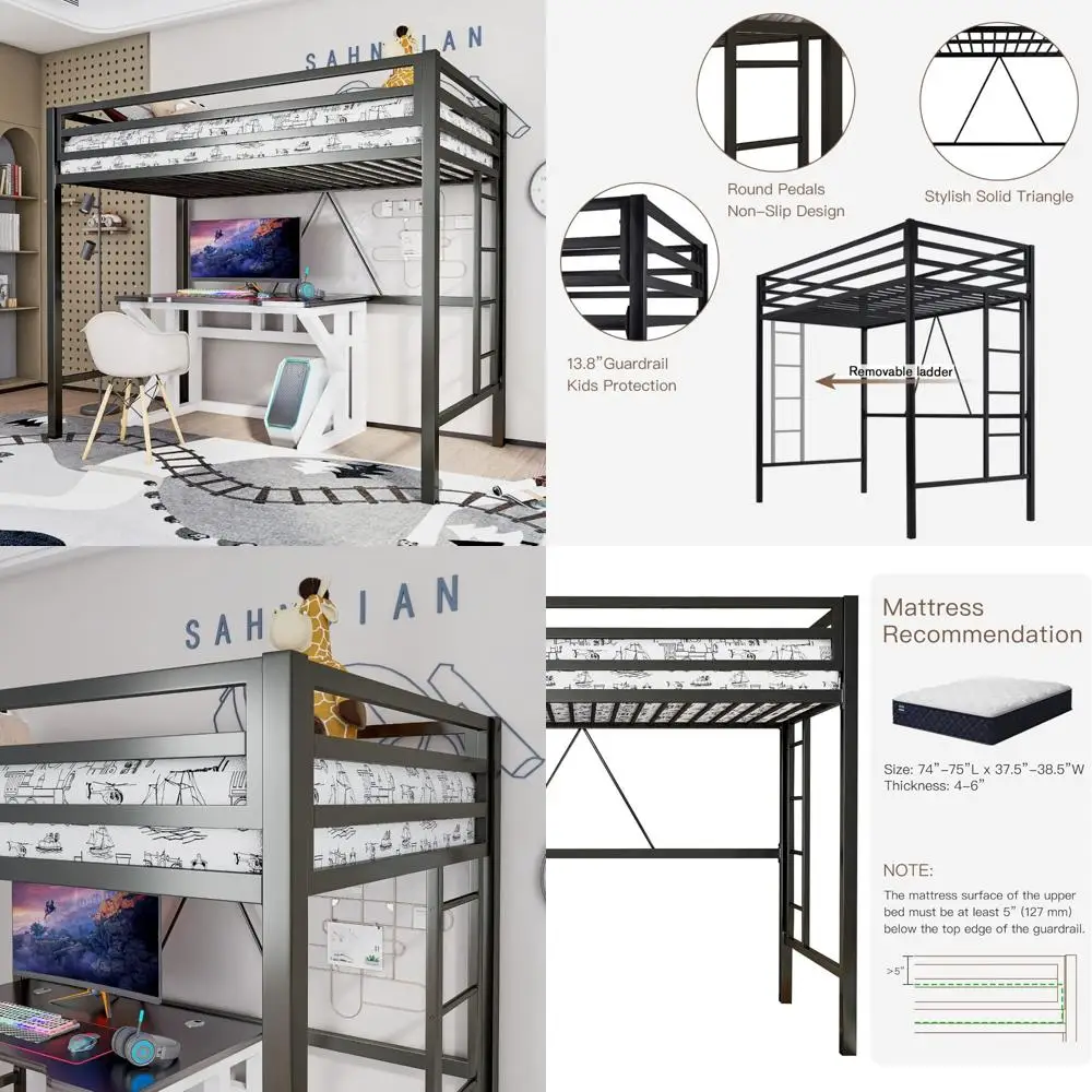 سرير علوي معدني مزدوج الحجم مع حاجز أمان وسلم، لا حاجة إلى صندوق زنبركي، أثاث غرفة نوم موفر للمساحة، أسود غير لامع #1