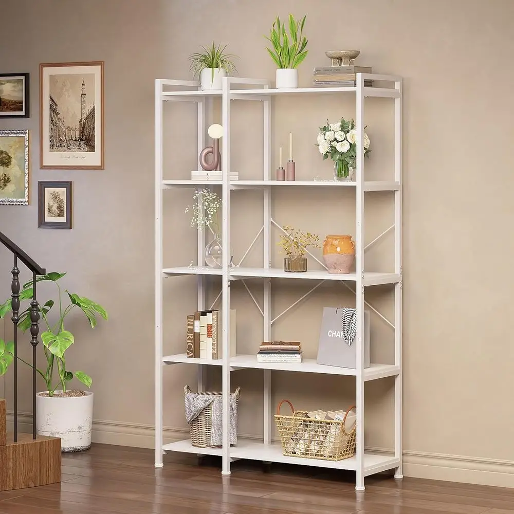 Bookshelf 5 Tier Deformable Corner Bookcase Free Standing Modern Industrial Book Storage Display Book Shelf for Bedroom Living R