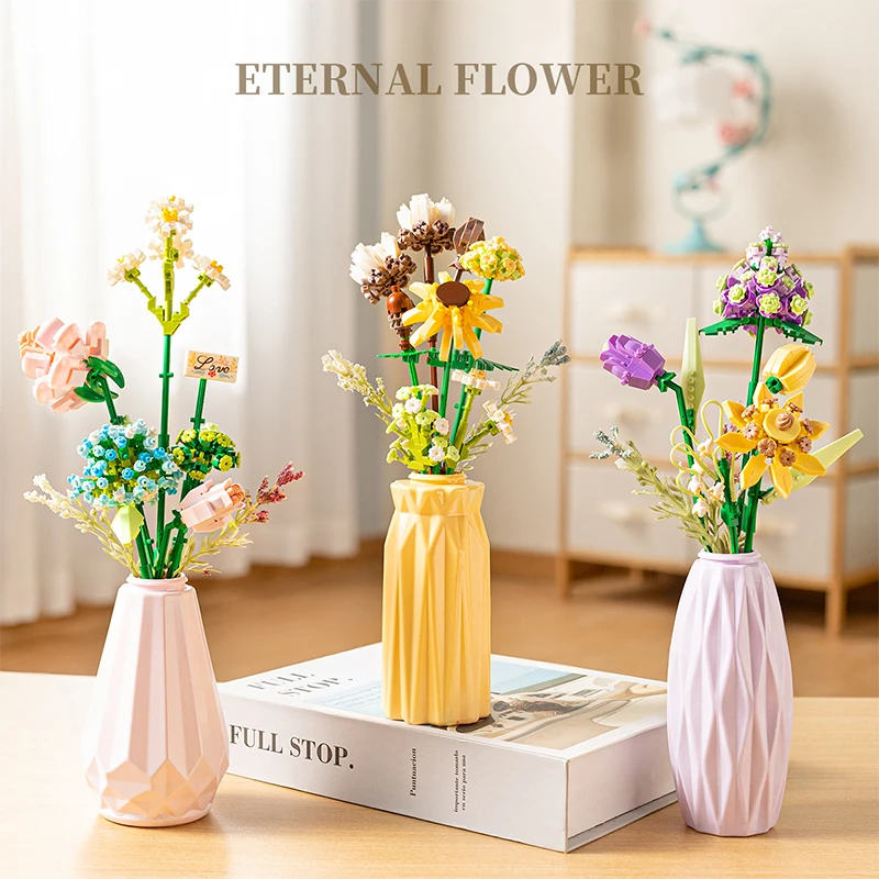 Flower Bouquet Building Blocks Rose Sunflower Flower Vase Model Bricks Desktop Decoration Girl Romantic Gifts Toys For Children