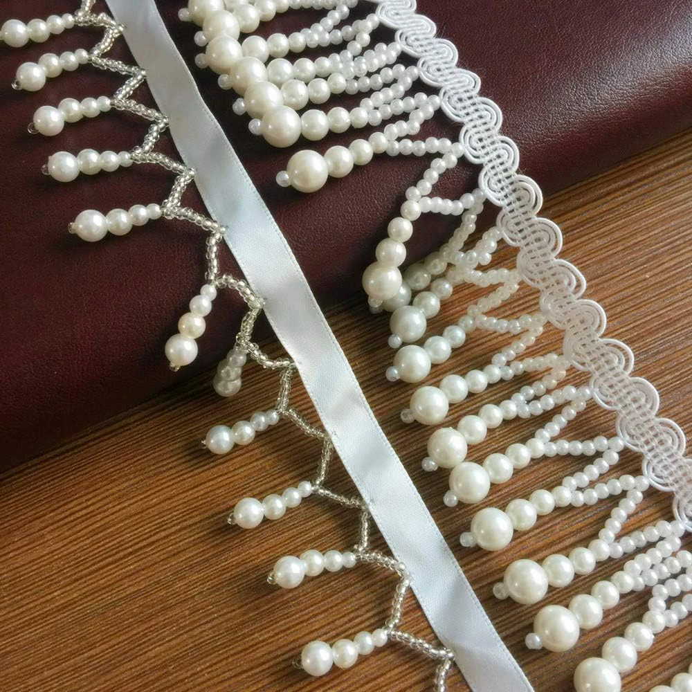 1 Yard Pearl Tassel Beaded Lace Ribbon For DIY Sewing Clothing Edge Craft Curtain Pearl Pendant Tassels Wedding Bridal Headwear