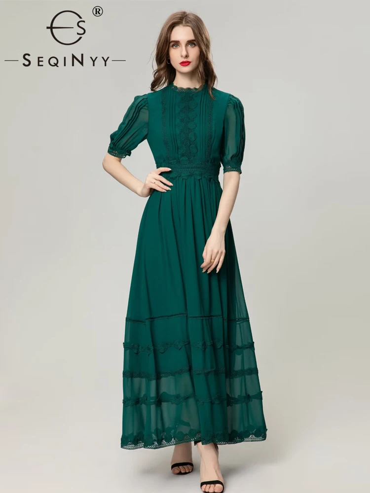 

SEQINYY Green Long Dress Short Sleeve Summer Spring New Fashion Design Women Runway High Street Lace Hollow Out Flower Party