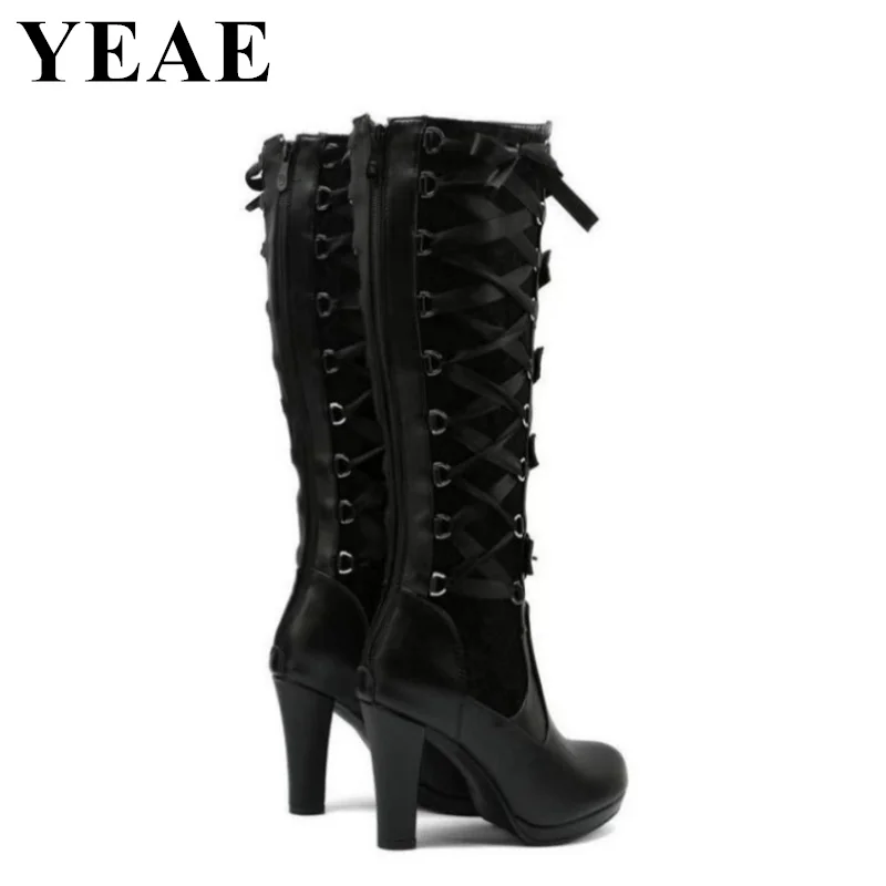 Autumn Winter Platform Knee High Boots For Women Lace Up Chunky High Heel Motorcycle Boots Punk Black Buckle Gothic Shoes 2023