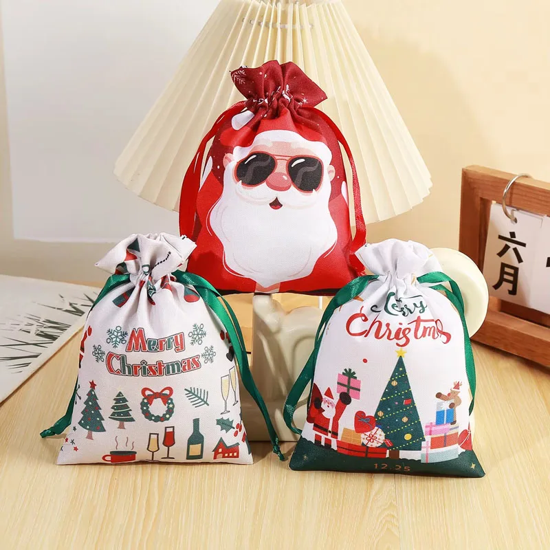 

10pcs/lot 15x20, 20x30, 30x40 cm Big Sizes Santa Claus Polyester Drawstring Bags For Christmas Gift Packing Pouches