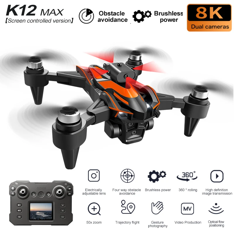 New upgrade K12 Max RC Drone With LCD Screen 8K HD Camera Brushless Motor 360° Obstacle Avoidance Foldable Quadcopter Dron Toys