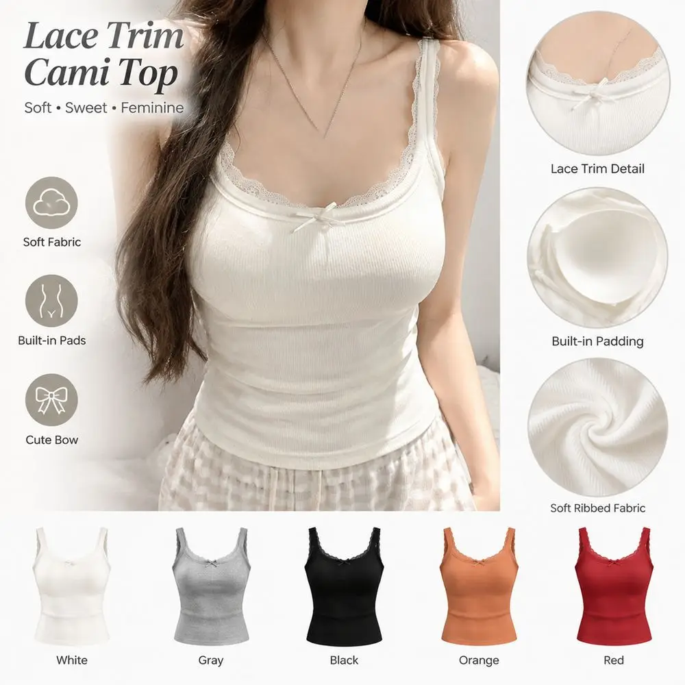 New Cotton Lace Camisole Solid Color Lace Trim Push Up Bra Breathable Underwear with Chest Pad