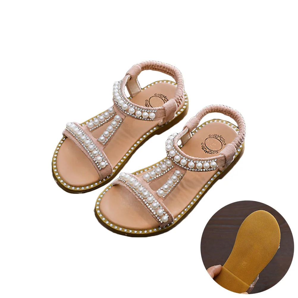 

Princess Sandals for Girls Fashion PU Pearl Embellished Comfortable Flat Sandals Kids Breathable Shoe Size 1 Pink