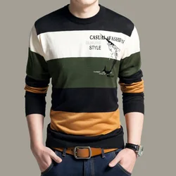 Fashion Men Long Sleeve Contrast Color T-shirt Spring Autumn New Slim Male Clothing Vintage Round Neck Casual Knitted Tops 2023