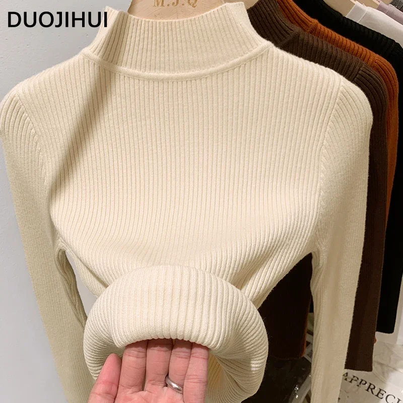 DUOJIHUI Autumn Chic Neck Knitted Sweater Women Pullovers Orange Simple Casual Long Sleeve Fashion Solid Color Female Pullovers